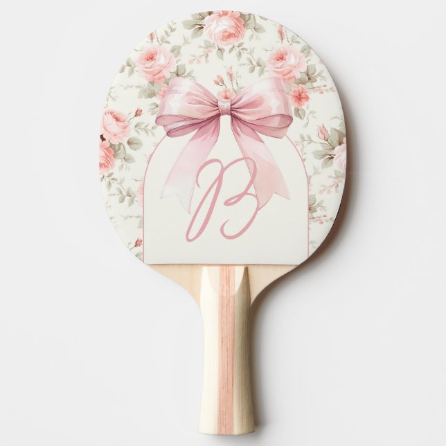 Monogram Vintage Roses Pink Bow Ping Pong Paddle (Front)
