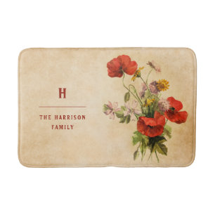 Monogram Vintage Rustic Bouquet Red Poppies Beige Bath Mat