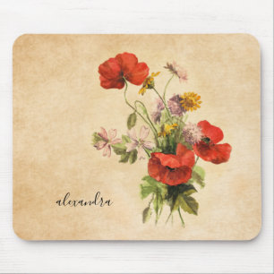 Monogram Vintage Rustic Bouquet Red Poppies Beige Mouse Mat