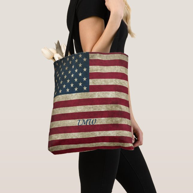 Monogram Vintage Rustic Flag Tote Bag (Close Up)