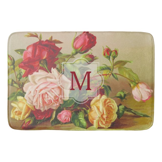 Monogram Vintage Victorian Roses Bouquet Flowers Bath Mat (Front)