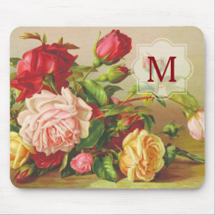 Monogram Vintage Victorian Roses Bouquet Flowers Mouse Mat