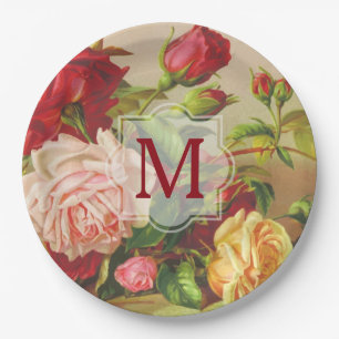 Monogram Vintage Victorian Roses Bouquet Flowers Paper Plate