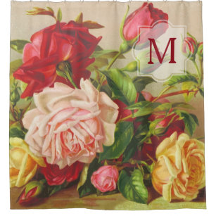 Monogram Vintage Victorian Roses Bouquet Flowers Shower Curtain
