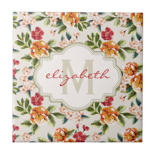 Monogram Vintage Victorian Watercolor Floral Tile
