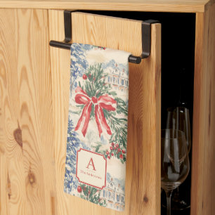 Monogram Vintage Winter Village Christmas Red Bow Tea Towel