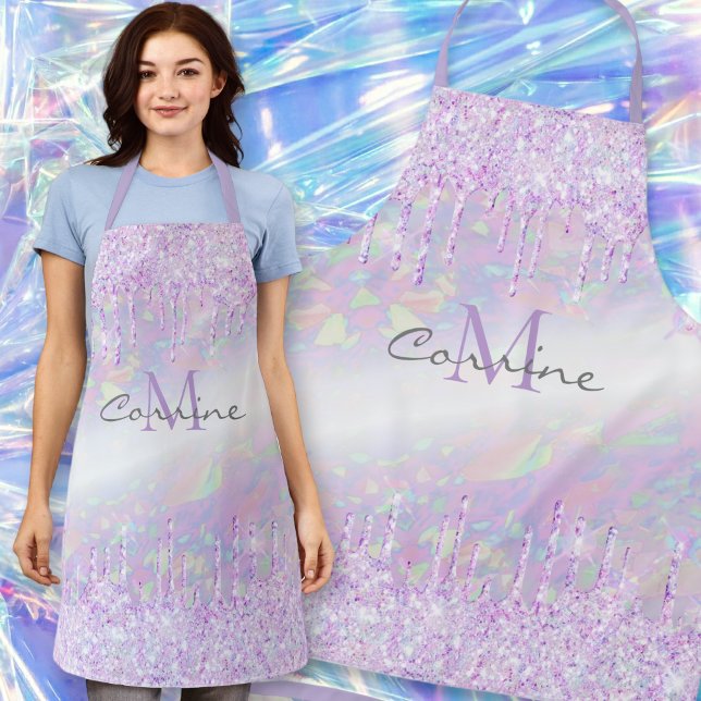 Monogram Violet Opal Iridescent Dripping Glitter Apron (Creator Uploaded)