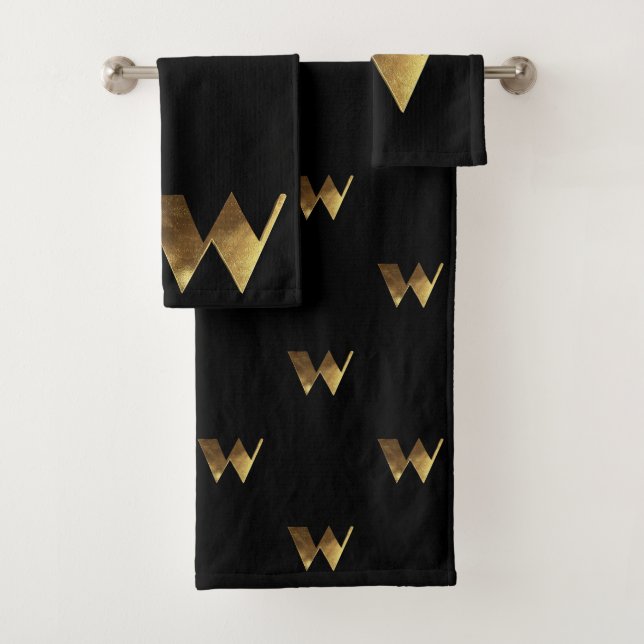 Monogram W Black and Gold Look Elegant Typography Bath Towel Set (Insitu)