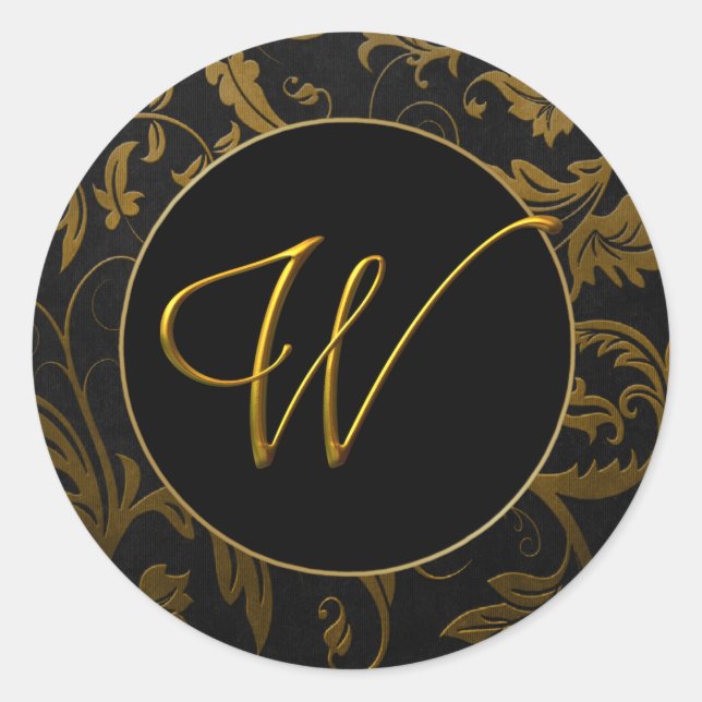 Monogram W Gold and Black Damask Wedding Seal (Front)
