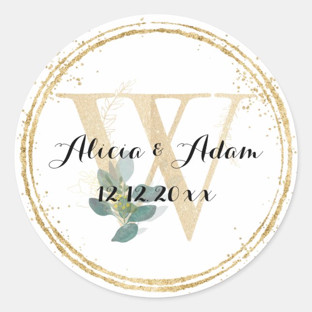 Monogram W Gold Border Wedding Classic Round Sticker (Front)