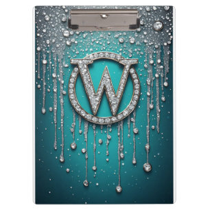 Monogram W on Teal Dripping Glitter Clipboard