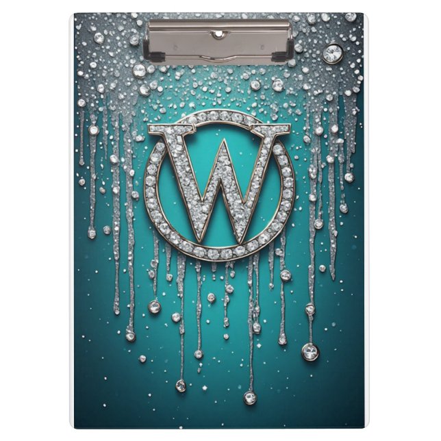 Monogram W on Teal Dripping Glitter Clipboard (Front)