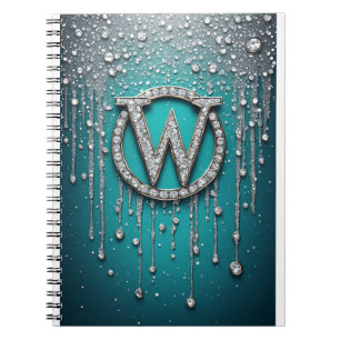 Monogram W on Teal Dripping Glitter Notebook