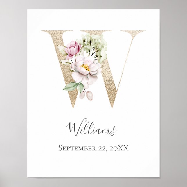 Monogram W Pink White Floral Gold Letter Nursery  Poster (Front)