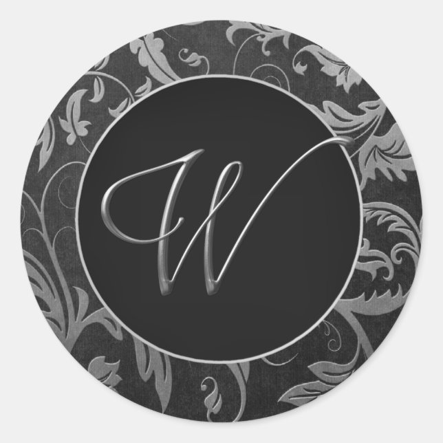 Monogram W Silver and Black Damask Wedding Seal (Front)