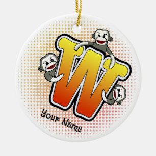 Monogram W Sock Monkey  Ceramic Tree Decoration