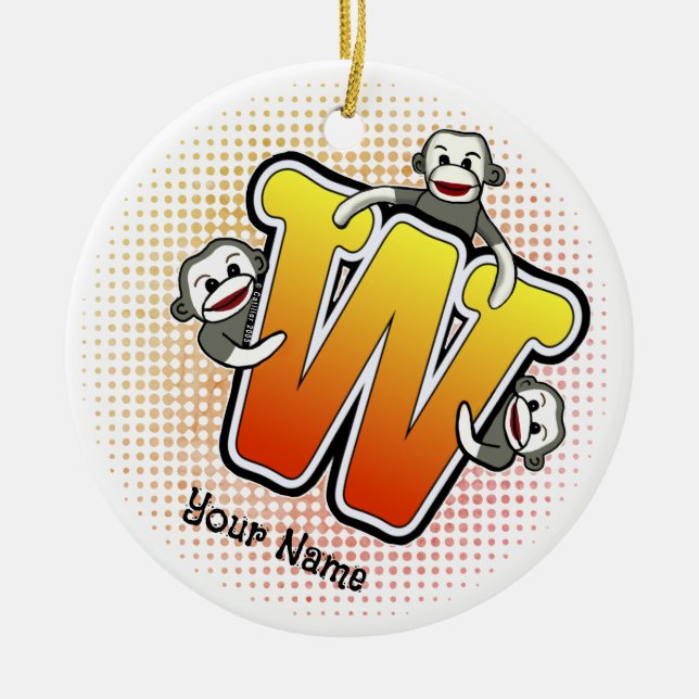 Monogram W Sock Monkey  Ceramic Tree Decoration (Front)