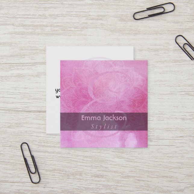 Monogram w/ Textured Mandala & Pink Watercolor Square Business Card (Front/Back In Situ)