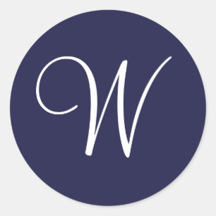 Monogram W, White on Navy Blue, Classic Round Sticker