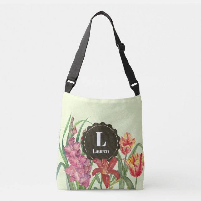 Monogram Warm Colour Floral Spring Blooms Crossbody Bag (Front)