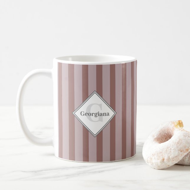 Monogram Warm Neutrals Brown And Beige Stripes Coffee Mug (With Donut)