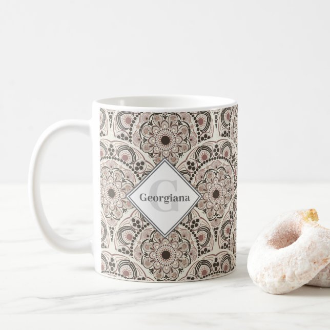 Monogram Warm Neutrals Dot Mandala Art Deco Scales Coffee Mug (With Donut)