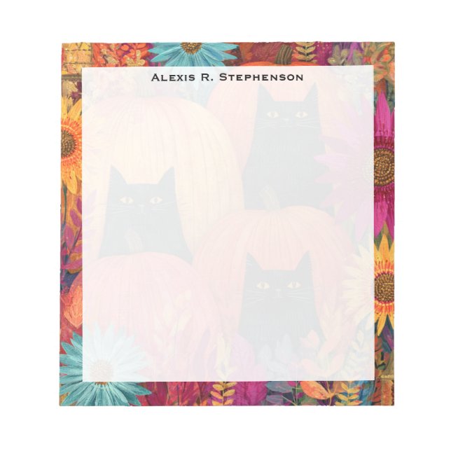 Monogram Watchful Black Cat Autumn Pumpkin Patch Notepad (Front)