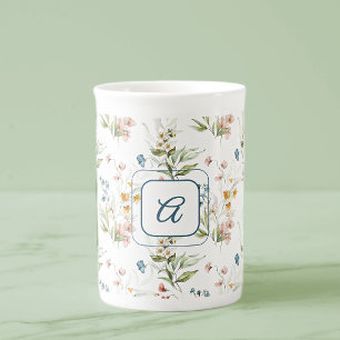 Monogram Watercolor 1600s Floral Art 10oz Bone China Mug