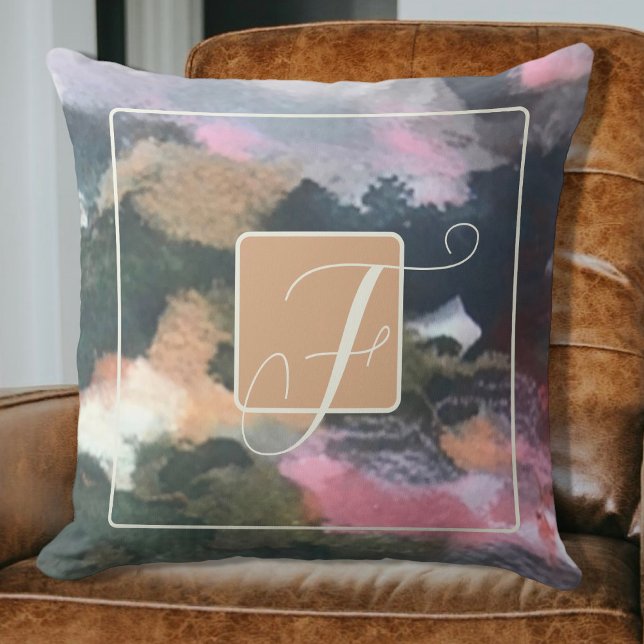 Monogram watercolor abstract brown orange pink  cushion (Creator Uploaded)