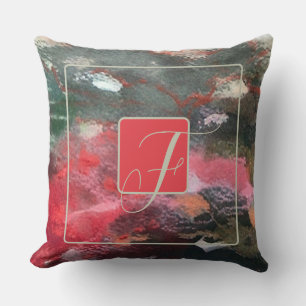 Monogram watercolor abstract red brown pink cushion