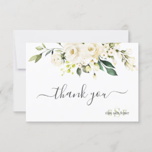 Monogram Watercolor Alabaster Roses Thank You Card