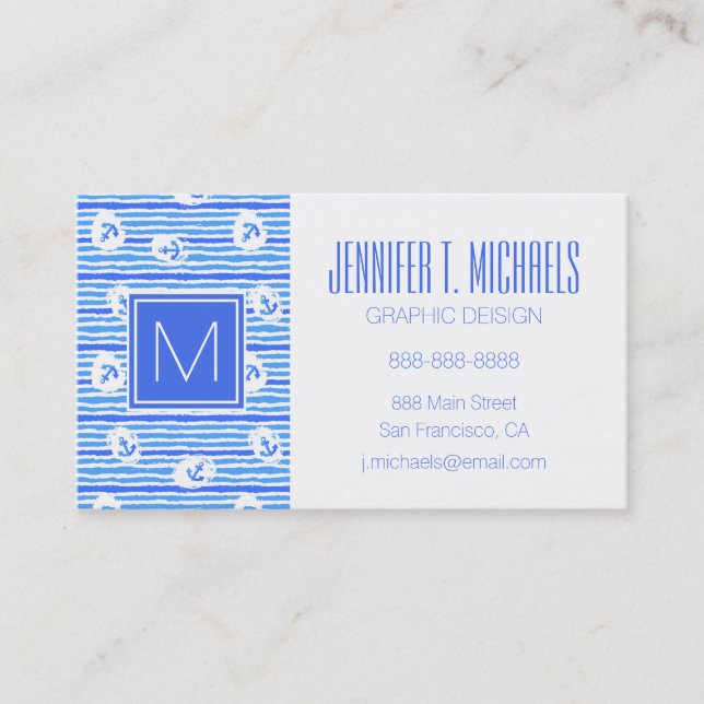 Monogram Watercolor Anchor Pattern Business Card (Front)