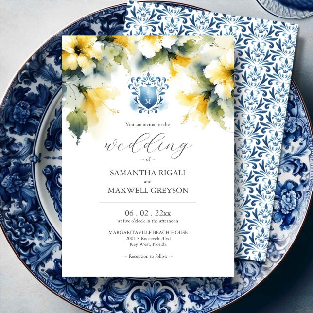 Monogram Watercolor Blue and Yellow Wedding Invitation (Elegant wedding invitations feature watercolor blue crest with yellow hibiscus flowers)