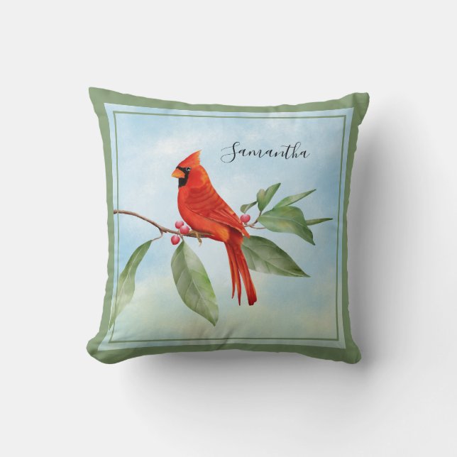 Monogram Watercolor Blue Green Red Cardinal Bird Cushion (Front)