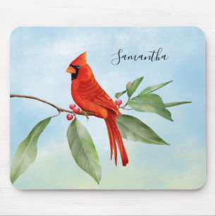 Monogram Watercolor Blue Green Red Cardinal Bird Mouse Mat