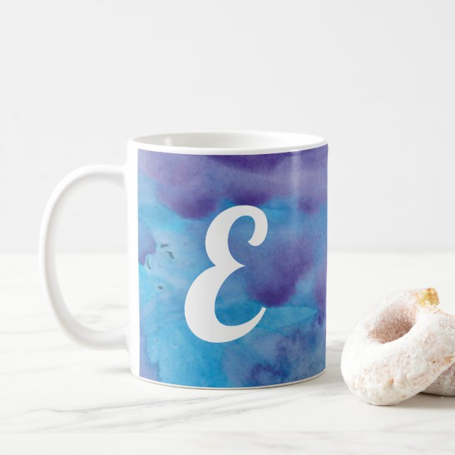 Monogram Watercolor Blue Purple Marble Style Coffee Mug (With Donut)
