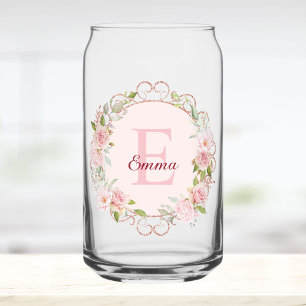 Monogram Watercolor Blush Pink Rose Flowers Floral Can Glass