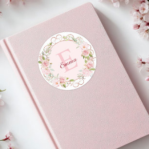 Monogram Watercolor Blush Pink Rose Flowers Floral Classic Round Sticker