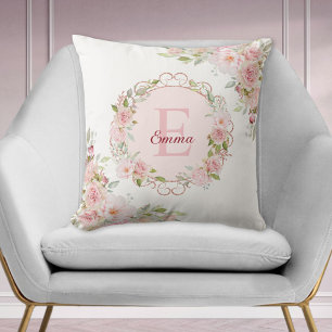 Monogram Watercolor Blush Pink Rose Flowers Floral Cushion