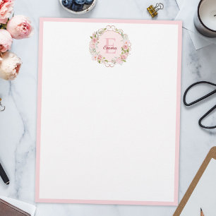 Monogram Watercolor Blush Pink Rose Flowers Floral Custom Letterhead