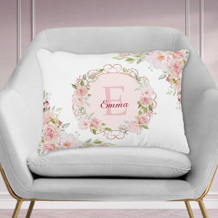Monogram Watercolor Blush Pink Rose Flowers Floral Decorative Cushion