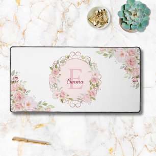 Monogram Watercolor Blush Pink Rose Flowers Floral Desk Mat