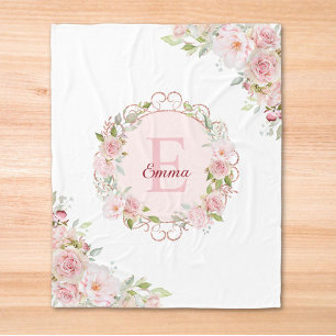 Monogram Watercolor Blush Pink Rose Flowers Floral Fleece Blanket