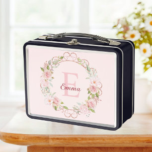 Monogram Watercolor Blush Pink Rose Flowers Floral Metal Lunch Box
