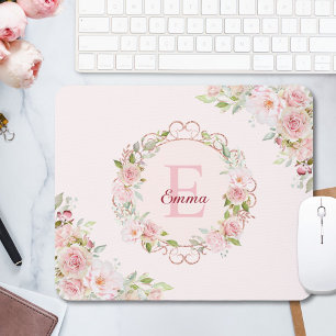 Monogram Watercolor Blush Pink Rose Flowers Floral Mouse Mat