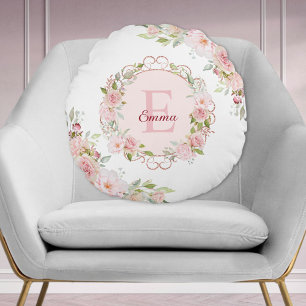 Monogram Watercolor Blush Pink Rose Flowers Floral Round Cushion
