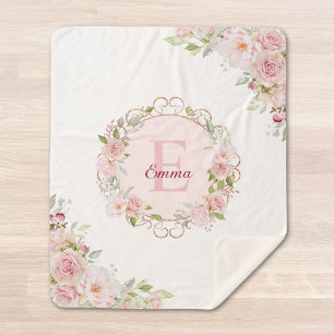 Monogram Watercolor Blush Pink Rose Flowers Floral Sherpa Blanket
