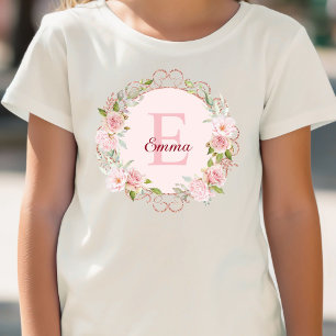 Monogram Watercolor Blush Pink Rose Flowers Floral T-Shirt