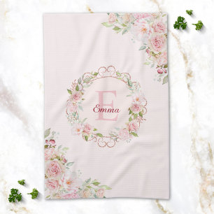 Monogram Watercolor Blush Pink Rose Flowers Floral Tea Towel