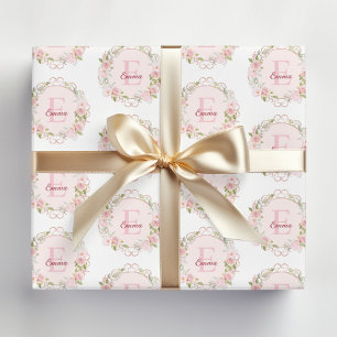 Monogram Watercolor Blush Pink Rose Flowers Floral Wrapping Paper Sheet